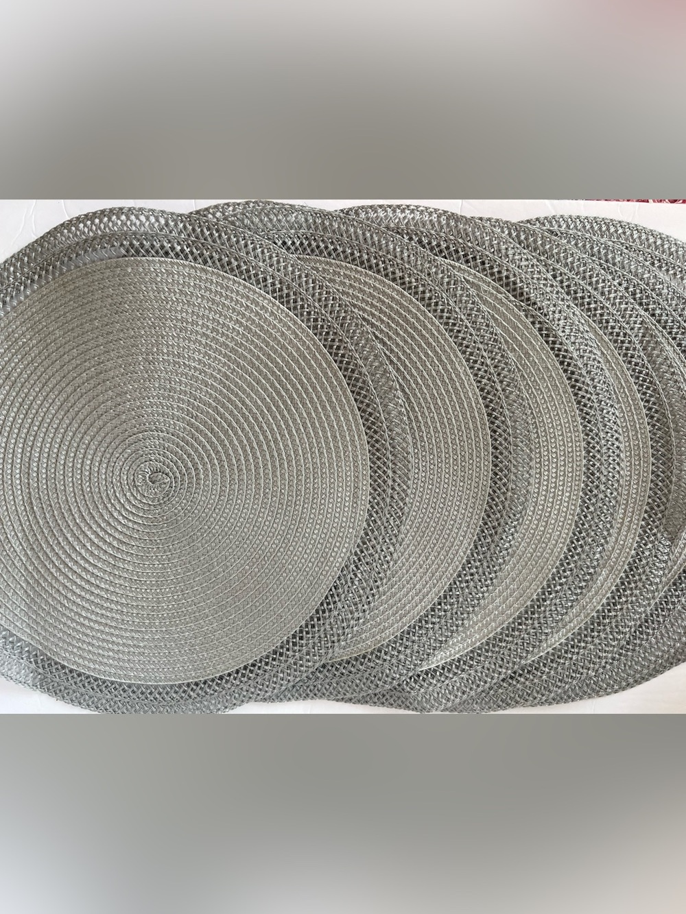 Set of 6 Round Grey Silver Woven Placemats 15" Diameter Basketweave Table Mats
